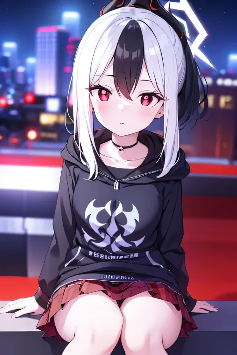 kayoko onikata, black hair, demon horns, hair between eyes, halo, horns, long hair, low wings, mole, mole on collarbone, multicolored hair, ponytail, (red eyes:1.5), single black wing, two-tone hair, white hair, wings, black ponytail, black hoodie, choker,...