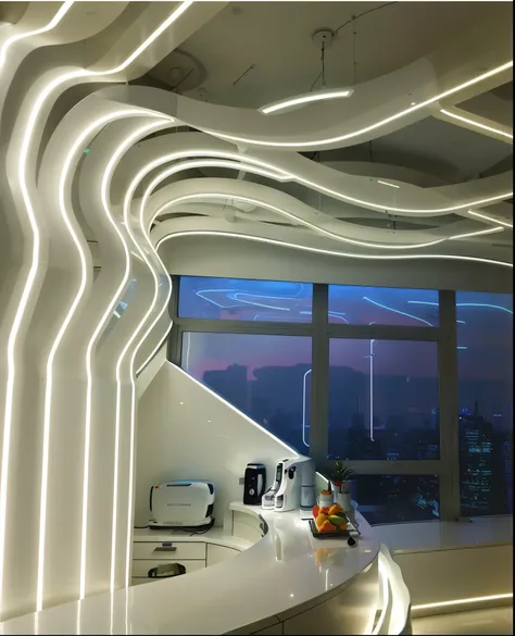 There is a white counter with a mirror and a window, inspired by Zha Shibiao, futuristic lighting, Network LED neon light, futuristic decorationation, Zaha Hadid architects style, white neon light, neon ambient lighting, rococo network neon lights, glowing...