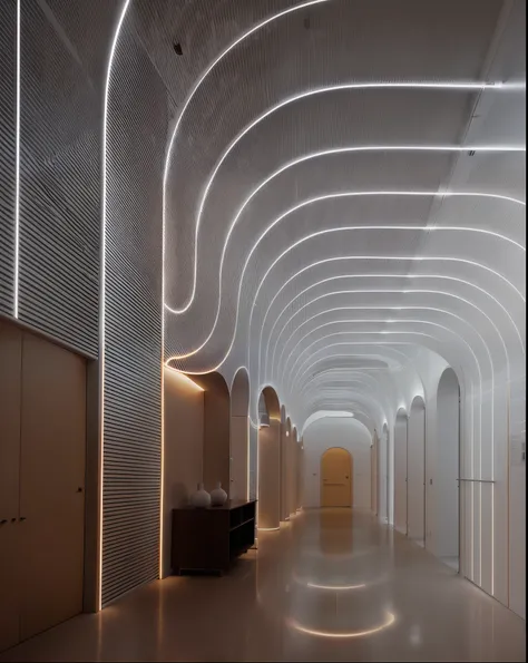 There is a long corridor，There are a lot of lights on it, by Zha Shibiao, curved hallways, round ceiling, rounded architecture, curving geometric arches, circle line, liminal space corridor, curve, indoor liminal space, glowing line, arc, stunning volumetr...