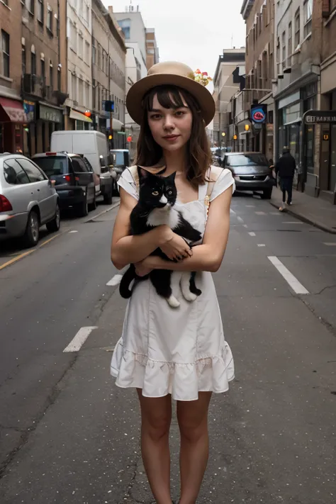 A girl with a cat in her arms in a dress and hat stands on the street