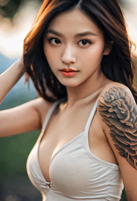 HDR, UHD, 64k, polychromatic portrait of an attractive single Asian girl, medium-sized breasts and juicy cleavage, anatomically correct, super-detailed eyes, finely detailed features, perfect body, perfectly flawless tanned skin, super-detailed intricate f...