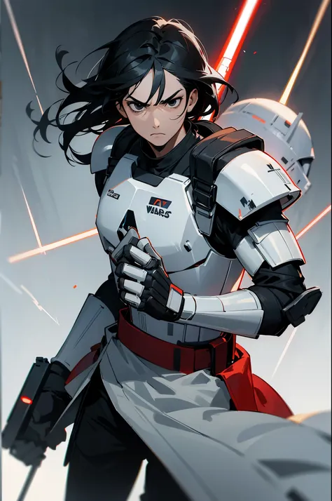 star wars,Medium Length hair , black eyes , charcoal black hair, serious expression, red storm trooper armor,young male, muscular, blue belt