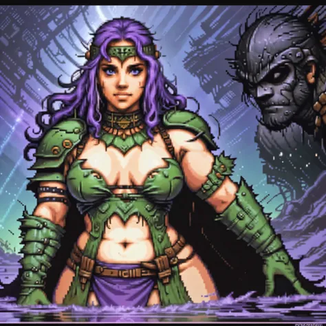 One barbarian girl, beautiful bbw girl, whole body, chubby girl, female warrior, combat helmet on the head, basinet, whole body, nude body, Perfect skin, forest background, dark fantasy, Luis Royo style, Science fiction, 80s, 16-bit game, VHS era, Rain bac...