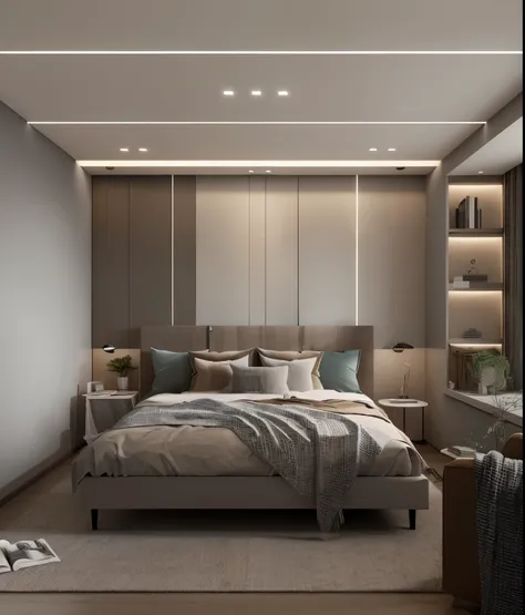 带床的阿拉法德bedroom, a sofa, and a window, bedroom, 昏暗的bedroom, realistic 3d style, accent lighting, soft lighting color scheme, bedr...