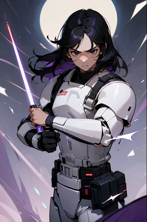 star wars, Medium Length hair , black eyes , black hair, serious expression, red storm trooper armor,young male, muscular, purple belt,
