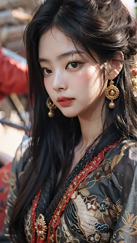 ((Best quality)), ((masterpiece)), (highly detailed:1.3), 3D, beautiful woman with long black hair, wearing indonesia traditional clothes looking at camera, action