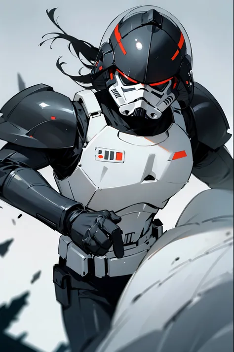 star wars, Medium Length hair , black eyes , black hair, serious expression, storm trooper armor,young male, red helmet,