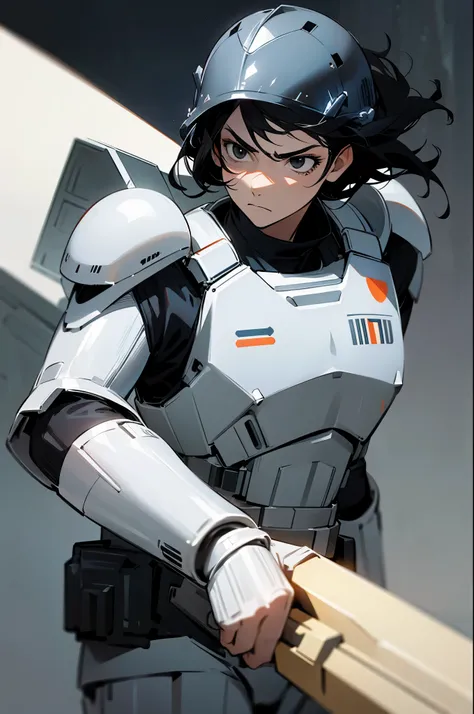 star wars, Medium Length hair , black eyes , black hair, serious expression, storm trooper armor,young male, red helmet,