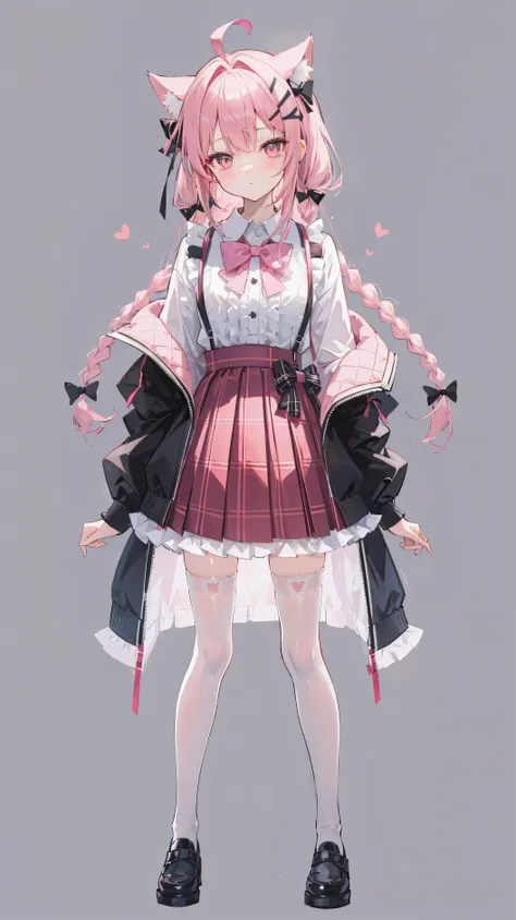 1 girl in high definition, Bobby_pin bow bowtie braid brown_eyes collared_shirt dojikko_frilly pose_shirt frilled_shirt_collar free joint_skirt frills hair_bow hair_ornament hairpin hand_on_own_head heart heart_hair_орonмент капюшон с капюшоном_jacket jack...