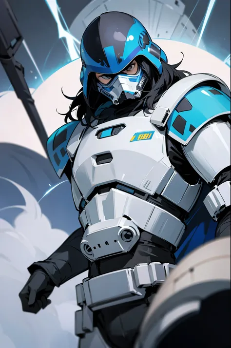 star wars, Medium Length hair , black eyes , black hair, serious expression, storm trooper armor,young male, blue helmet,
