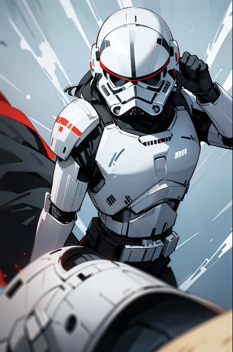 star wars, Medium Length hair , black eyes , black hair, serious expression, storm trooper armor,young male, red helmet,
