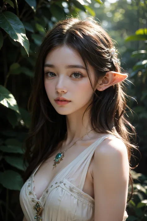 elf portrait,charming beauty,fantasy,ethereal light,pointed ears,Exquisite facial features,Elegant long hair,nature-themed clothing,Mysterious atmosphere,soft light,calm expression,With nature,subtle magical elements,serene,intricate jewelry,fantastic qual...