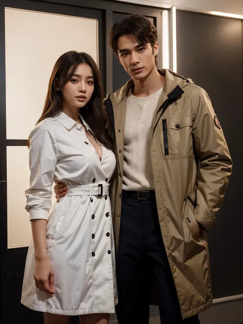 a man and a woman standing next to each other at a Party, an image, inspired by Adam Dario Keel, parka jacket, which is trending in the cg community, beautiful young Korean woman dressed in Long party dress movie screencap, model elisajes from acquamodels