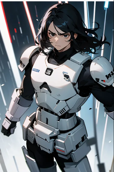 star wars, Medium Length hair , black eyes , black hair, serious expression, storm trooper armor,young male, red helmet,
