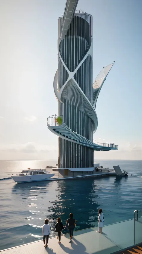 there is a tower ABOVE THE SEA as if it were the tip of an iceberg, com escadas envolventes que chegam ao seu topo. passarelas levam os visitantes da AREIA para ACIMA DO MAR, on a glass walkway to observe the marine life that occurs below your feet. Realis...