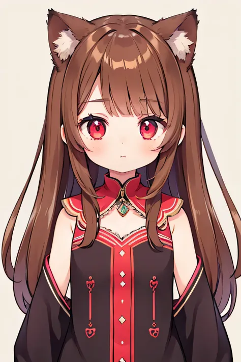 1girl, brown hair, teen face, cat ears, red eyes, hair ornaments, brown shirt, diamond eyes, 8k resolutions, hd resolutions, lon...