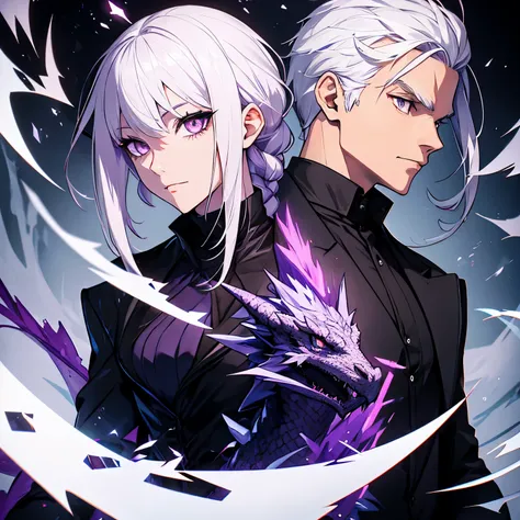 man with white hair, purple eyes, black clothes and a dragon behind him