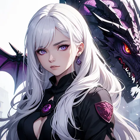 Targaryen woman with white hair, purple eyes, black clothes and a dragon behind her