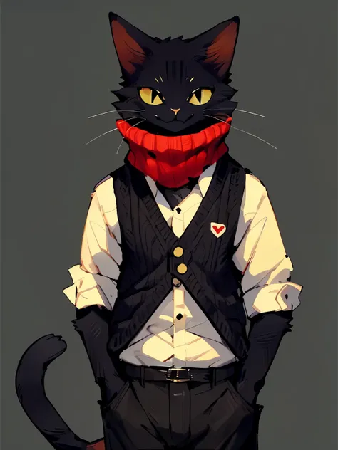 ((от bebebebebe, от zackary911, (guy cat :1.5). black fur, knitted vest and a shirt underneath, trousers, best quality, masterpi...