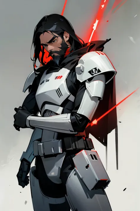 star wars,Medium Length hair , black eyes , charcoal black hair, serious expression, red storm trooper armor,young male, facial hair,