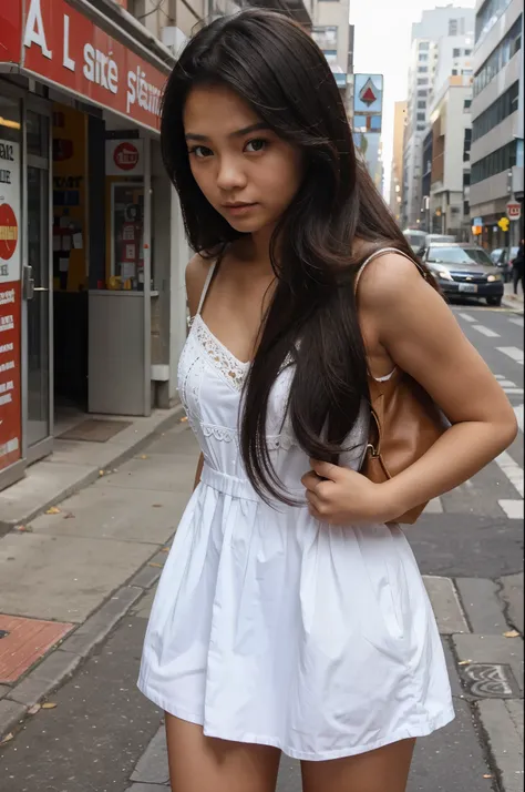 Filipina in city, teen ager, dress cute. 