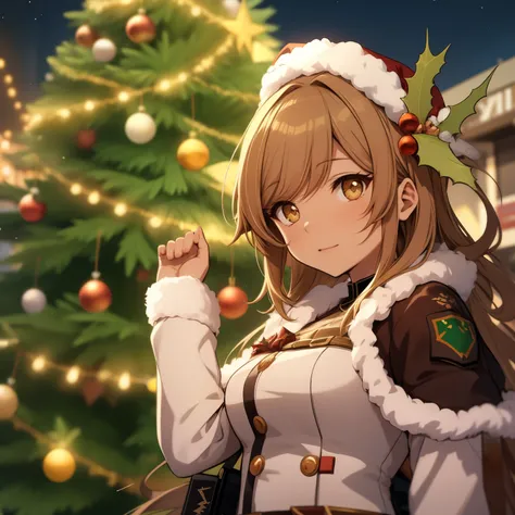  anime in uniform standing in front of a Christmas tree, from linha de frente das meninas, maAlso kitagawa fanart, Ele concorda, detalhes finos. linha de frente das meninas, Also, noite de natal, zenra taliyah, kda, Arte oficial, por Mestre Kanbun, [[[[gAl...