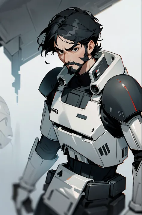 star wars, short-medium length hair , black eyes , charcoal black hair, serious expression, storm trooper armor,young male, facial hair,
