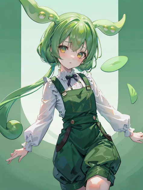 {{highest quality}}, {{masterpiece}}, {{Super detailed}}, {shape}, {detailed light}, dark green hair,eyes are yellow,white shirt,green overalls,six fingers on hand,twin tails,cute