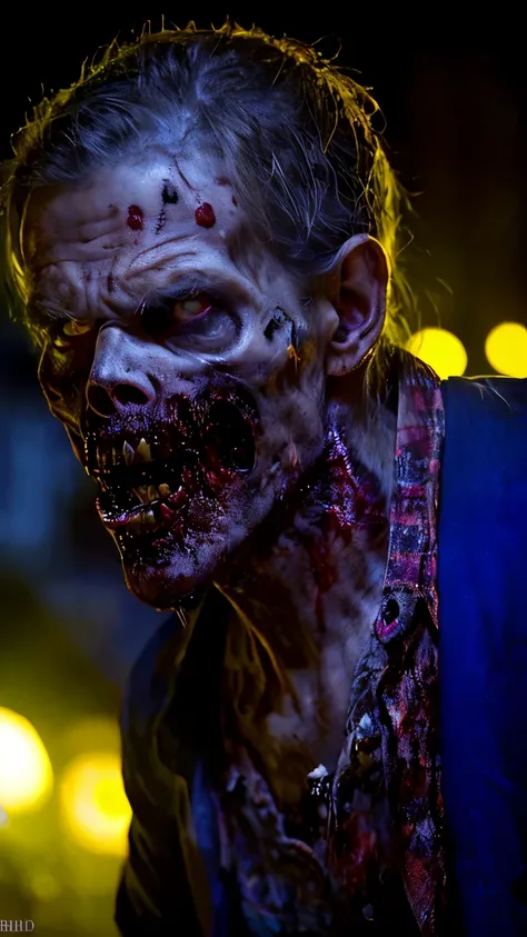 (masterpiece, best quality:1.2), ((RAW photo, Best quality)), (Realistic, photo-realistic:1.2) a evil zombie, blood, hottinig, ((horror, creepy)) , night, ((White eyes)). , angry. ((( Exposed brain))), ((Pale or greenish skin)), wounds, empty eyes, torn cl...