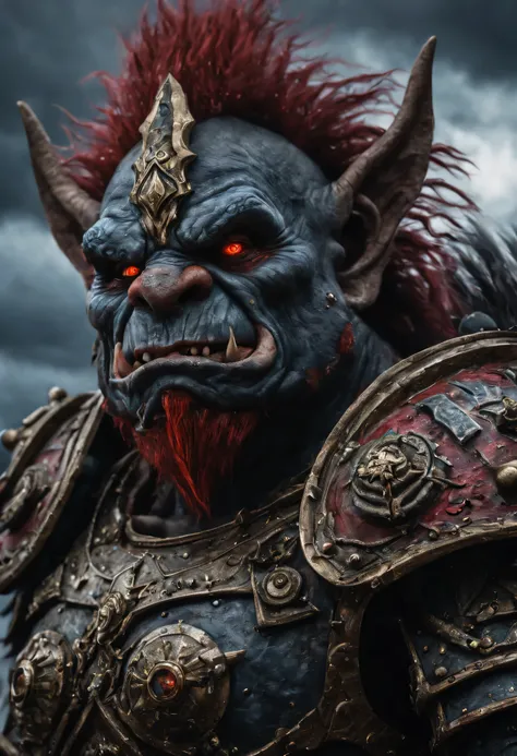 64K UHD portrait of a war troll full battle armor, red eyes, intricate detailed armor, finely detailed features, award winning, best quality, masterpiece, detailed, edgy, dramatic, stormy skies, lightning, thunder, blending, imagination, art brut, polychro...