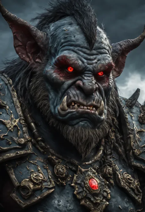 64K UHD portrait of a war troll full battle armor, red eyes, intricate detailed armor, finely detailed features, award winning, best quality, masterpiece, detailed, edgy, dramatic, stormy skies, lightning, thunder, blending, imagination, art brut, polychro...