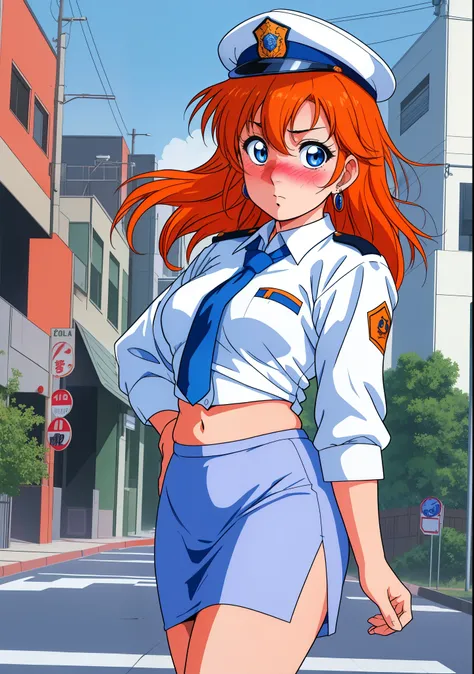 Masterpiece, best quality, (detailed face), kousaka honoka, curvy body, blue eyes, orange hair, (embarrassed:1.2) ,white shirt,half sleeves,earrings, pencil skirt, midriff, necktie , standing,police cap,in street,looking at viewer, cowboy shot,skin tight,1...