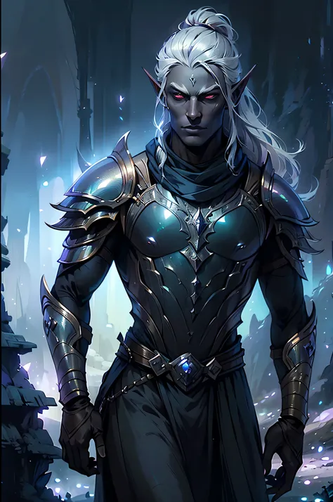 solo, ((1 boy)), dark elf, handsome, drow commander torezhka, long pointy ears, charcoal dark skin/ grey skin, long hair, topkno...