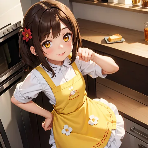 1girl, wearing an apron with a flower image, , midget, brown hair, yellow eyes, smile, in the kitchen, looking at the viewer