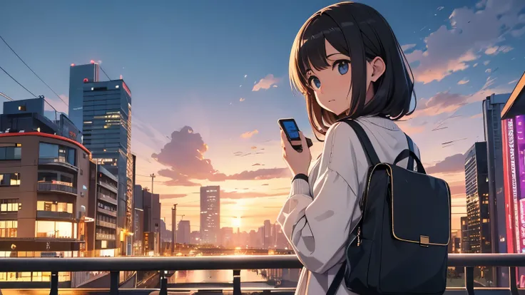 create an English prompt from: garota com fones de ouvido, com uma mochila, vista de costas, em uma plataforma de trem, sozinha, numa noite chuvosa formato 16:9 estilo anime