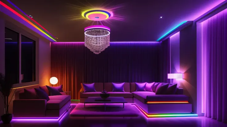 Indoor living room, rainbow lighting, Colorful lighting, volumetric rainbow lighting, Colorful lighting, toilettes de joueur RVB, Bandes lumineuses LED, Dramatic Colorful lighting, Colorful lighting, Colored Indicators, Lumières colorées spectaculaires, Éc...