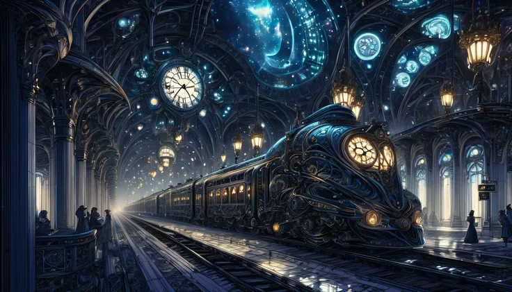 (((Big station dark fantasy project:1.3))), (((dark emperor train and station illustration:1.3))), Wonderful station with Rococo design, This station uses lamps instead of lights to create a magical atmosphere., A stunning ticket gate that combines futuris...