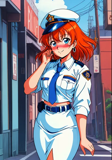 Masterpiece, best quality, (detailed face), kousaka honoka, curvy body, blue eyes, smile,orange hair, (embarrassed:1.2) ,white shirt,half sleeves,earrings, pencil skirt, midriff, necktie , standing,police cap,in street,looking at viewer, cowboy shot,1980s ...