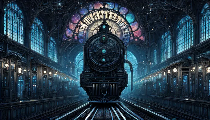 (((big station dark fantasy project:1.3))), (((dark emperor train and station illustration:1.3))), wonderful station with rococo...