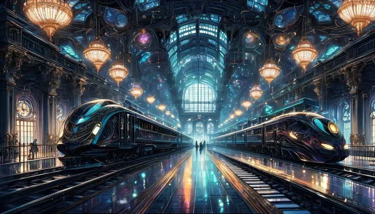 (((big station dark fantasy project:1.3))), (((dark emperor train and station illustration:1.3))), wonderful station with rococo...