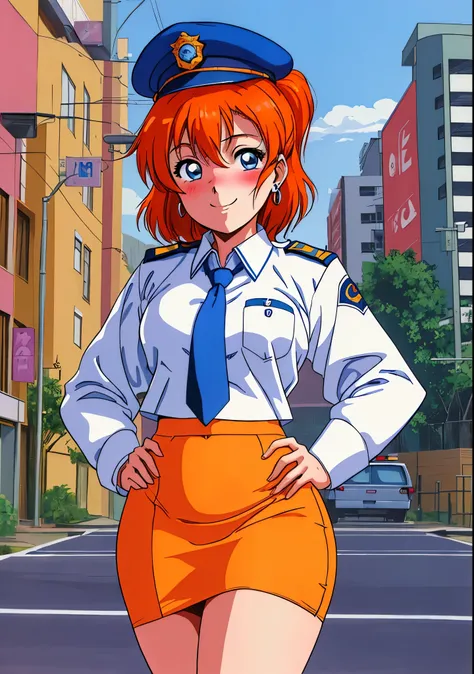 Masterpiece, best quality, (detailed face), kousaka honoka, curvy body, blue eyes, smile,orange hair, (embarrassed:1.2) ,white shirt,half sleeves,earrings, pencil skirt, midriff, necktie , standing,police cap,in street,looking at viewer, cowboy shot,1980s ...