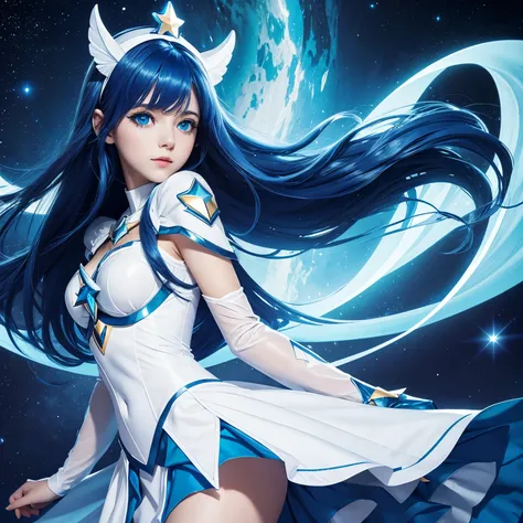 Girl, deep blue hair, bright blue eyes, white star guardian costume, deep blue costume details, girl flying in the night sky