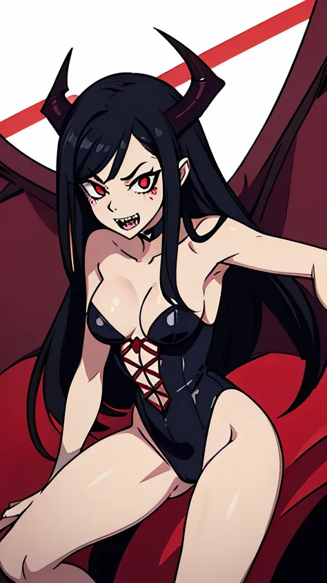 demon woman with long black hair, sharp teeth, glowing red eyes, bat wings on back, ram horns, hazbin hotel