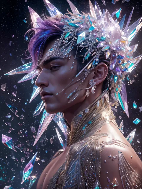 (photorealistic, masterpiece, best quality, highres, highly detailed), a young and handsome man posing nude surrounded by crystal, personification of crystal as a man, 18-year-old man, vibrant colors, realistic lighting, sparkling reflections, radiant and ...