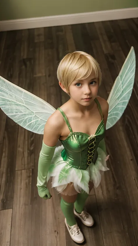 a  cute 15 year old girl wearing a green fairy costume with white wings standing on a hard wood floor shot from above as she loo...