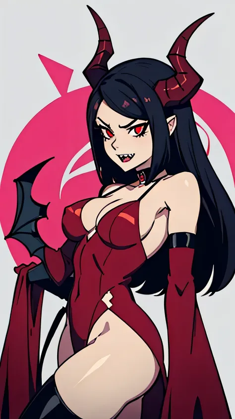 curvaceous demon woman with long black hair, sharp teeth, glowing red eyes, bat wings on back, ram horns, flirty, hazbin hotel