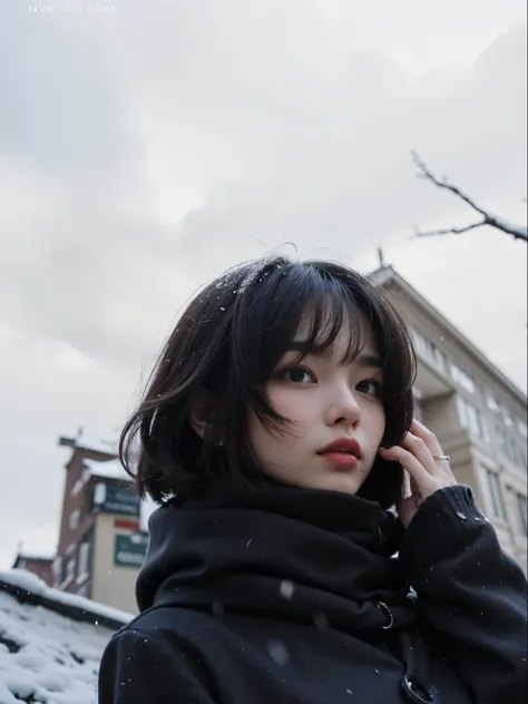 (Best quality, 8k, 32k, Masterpiece, UHD:1.2) "Generate a captivating artwork featuring a young Japanese girl model with short, sleek black hair styled in a chic bob haircut. Envision her bathed in dramatic cinematic lighting, creating an atmosphere of all...