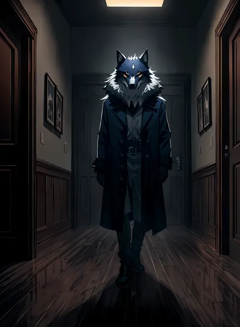 (a horror scene) A man wearing a wolf mask, with piercing, bloodshot eyes and sharp, pointed teeth, is lurking in a dimly lit room. The mask is incredibly detailed, showcasing the texture of fur and the snarling expression of the wolf. On the mask, there i...