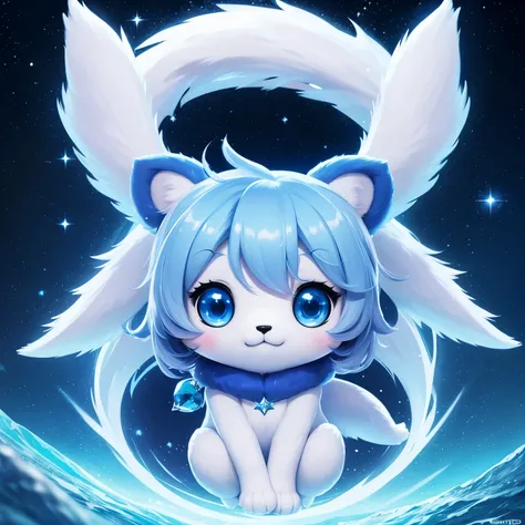 polar bear, star guardian, blue eyes, deep blue fur on paws, flying in the night sky, chibi