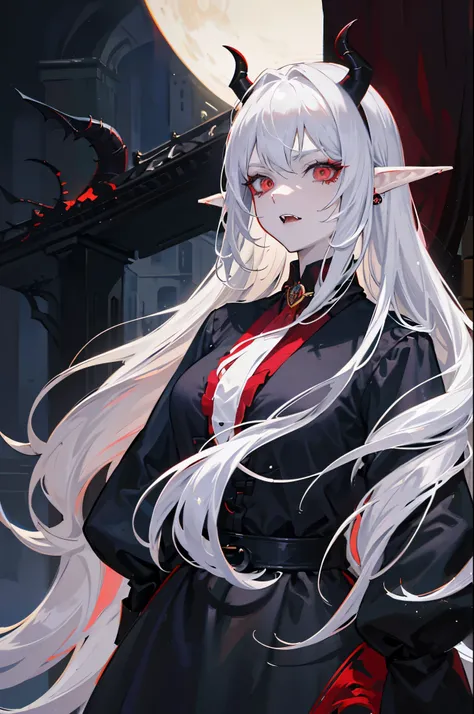 26 years old women, demon king, close up, red-black cat eyes, white hair, elf ears, demonic, dark outfit, shark teeth, serious gaze, evil smirk on face, opened mouth
